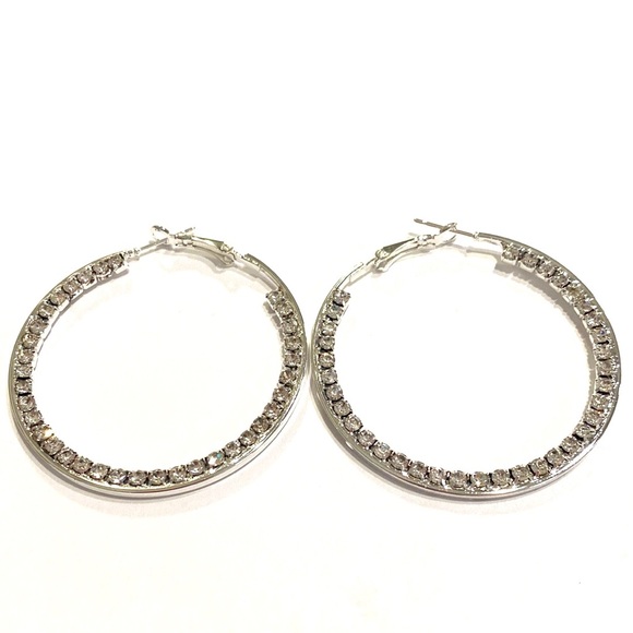 Hoop Earrings Silver Tone Rhinestones 2” - Picture 4 of 4